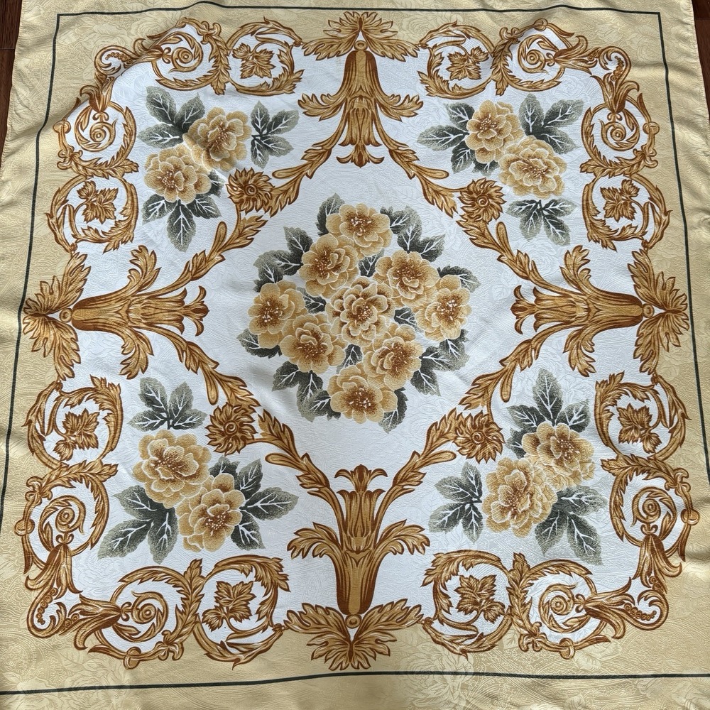 Vintage Baroque Floral Scarf Gold Cream Satin Square Head Neck Wrap - Picture 3 of 8
